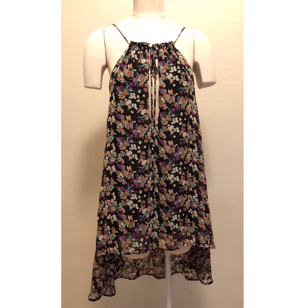 For Love & Lemons • S • Floral High Low Mini Halter Dress Deep Keyhole Neck